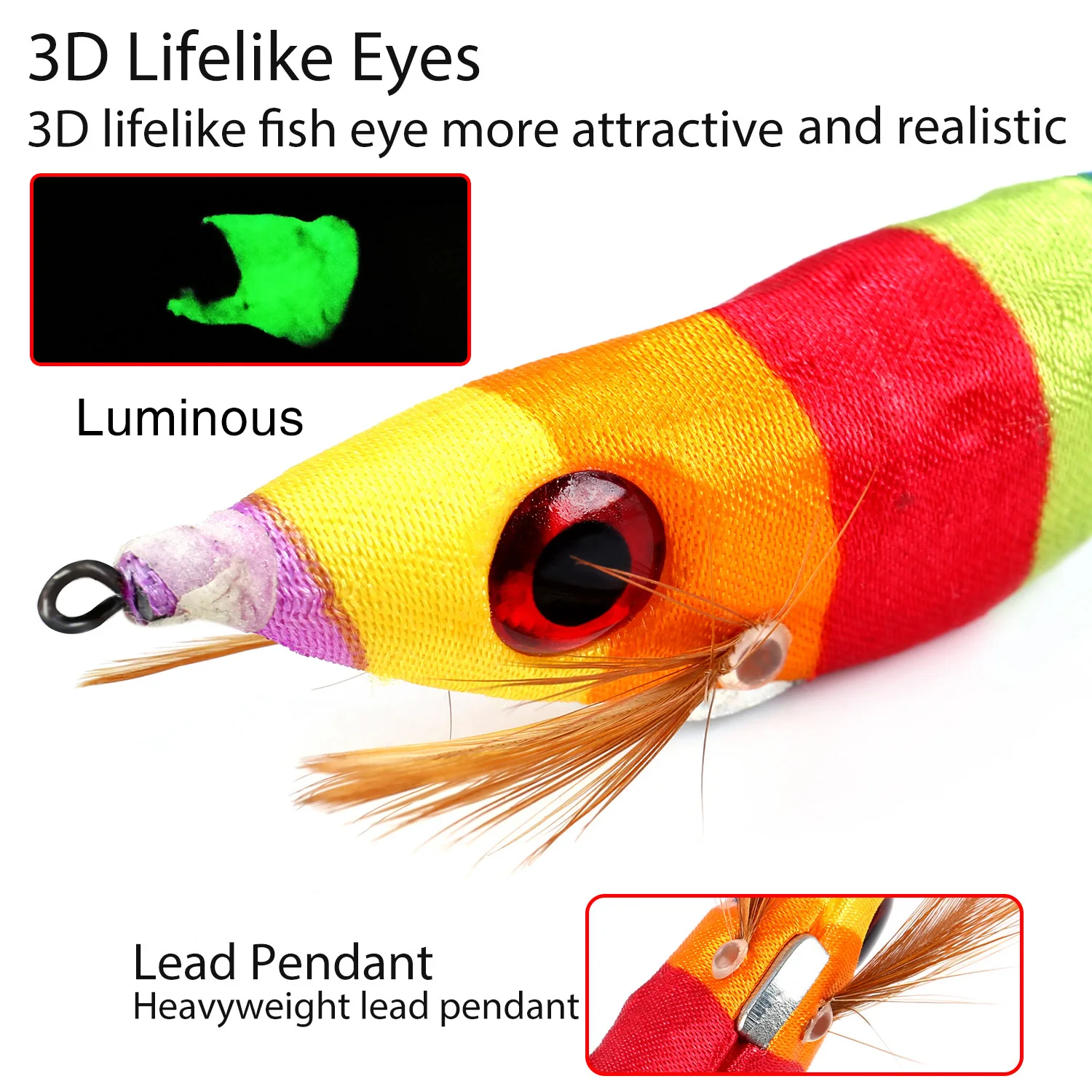 Sougayilang Esca per calamari biomimetici 3D con nastro fluorescente multicolore e pendente in piombo Design a doppio gancio per un forte attrazione