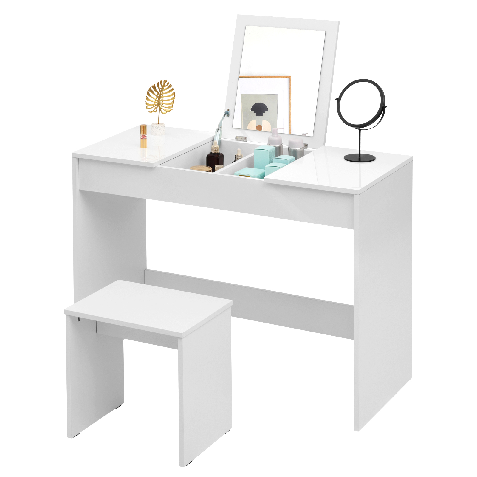 1 Juego de tocador blanco con espejo de maquillaje, taburete, tocador, mesa de alto brillo, juego de tocador cosmético para niñas y mujeres, dormitorio