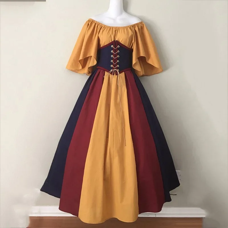 Kostiumy na Halloween dla kobiet średniowieczny Retro kontrastowy kolor wąska sukienka typu swing jedno słowo sukienka na ramię miłość na żywo Cosplay