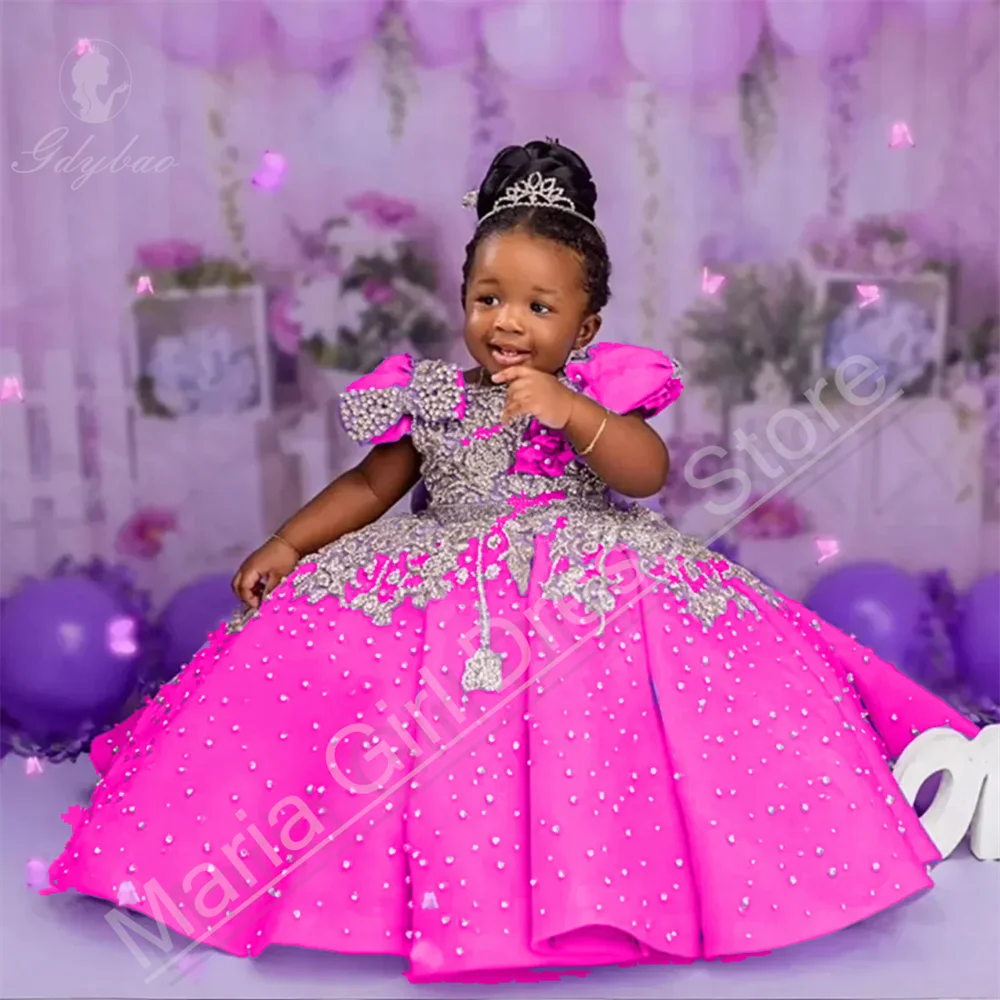 Robes de luxe pour filles de première Communion, décoration de perles moelleuses, robe à fleurs pour filles, robe d'anniversaire moelleuse pour princesse en bas âge