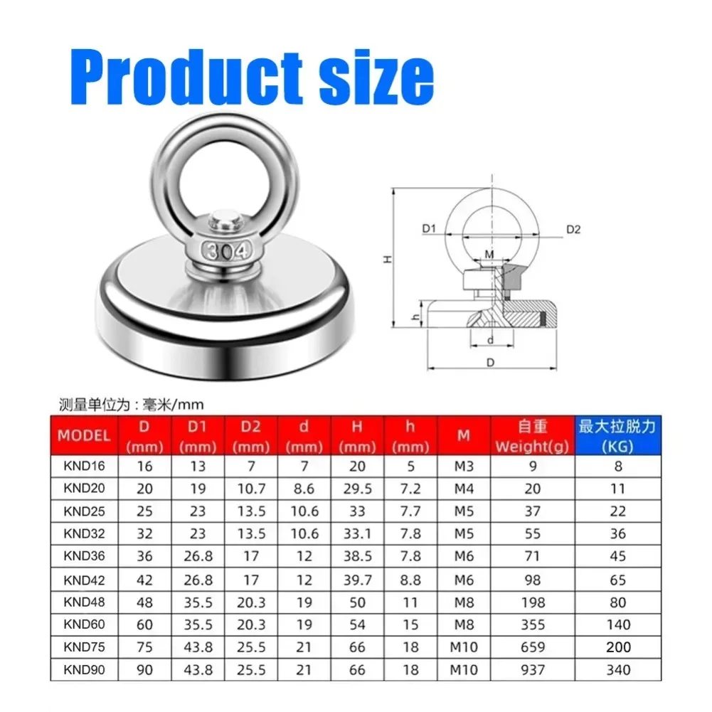 Super Strong Neodymium Magnet Heavy Duty Fishing Strong Magnetic Hooks with Countersunk Hole Eyebolt Salvage Searcher Magnets