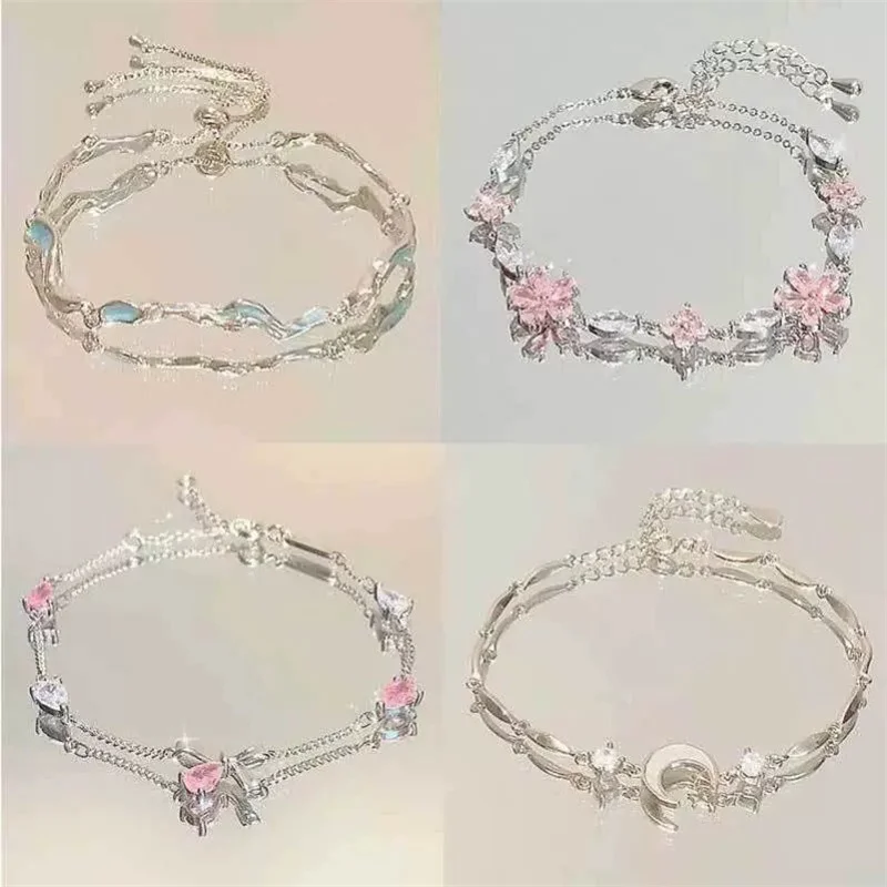 Pulsera elegante de flores de cristal para mujer Y2K, pulseras de circón con lazo de flor de cerezo y Luna para niñas dulces, regalo de joyería de diseñador de lujo