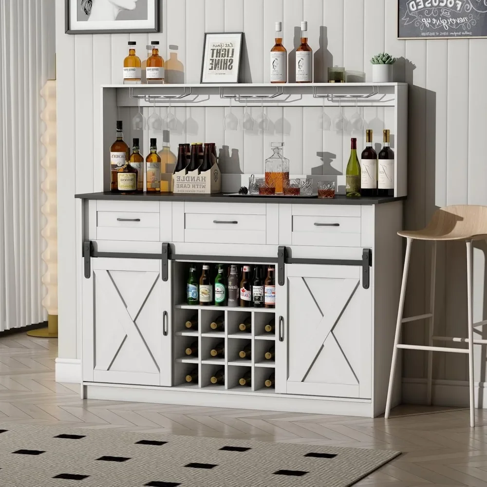 52" Farmhouse Coffee Bar Cabinet with Storage, Wine Bar Cabinet with 9 Glass Holders and 12 Grid Wine Racks, Wood Buffet Cabinet