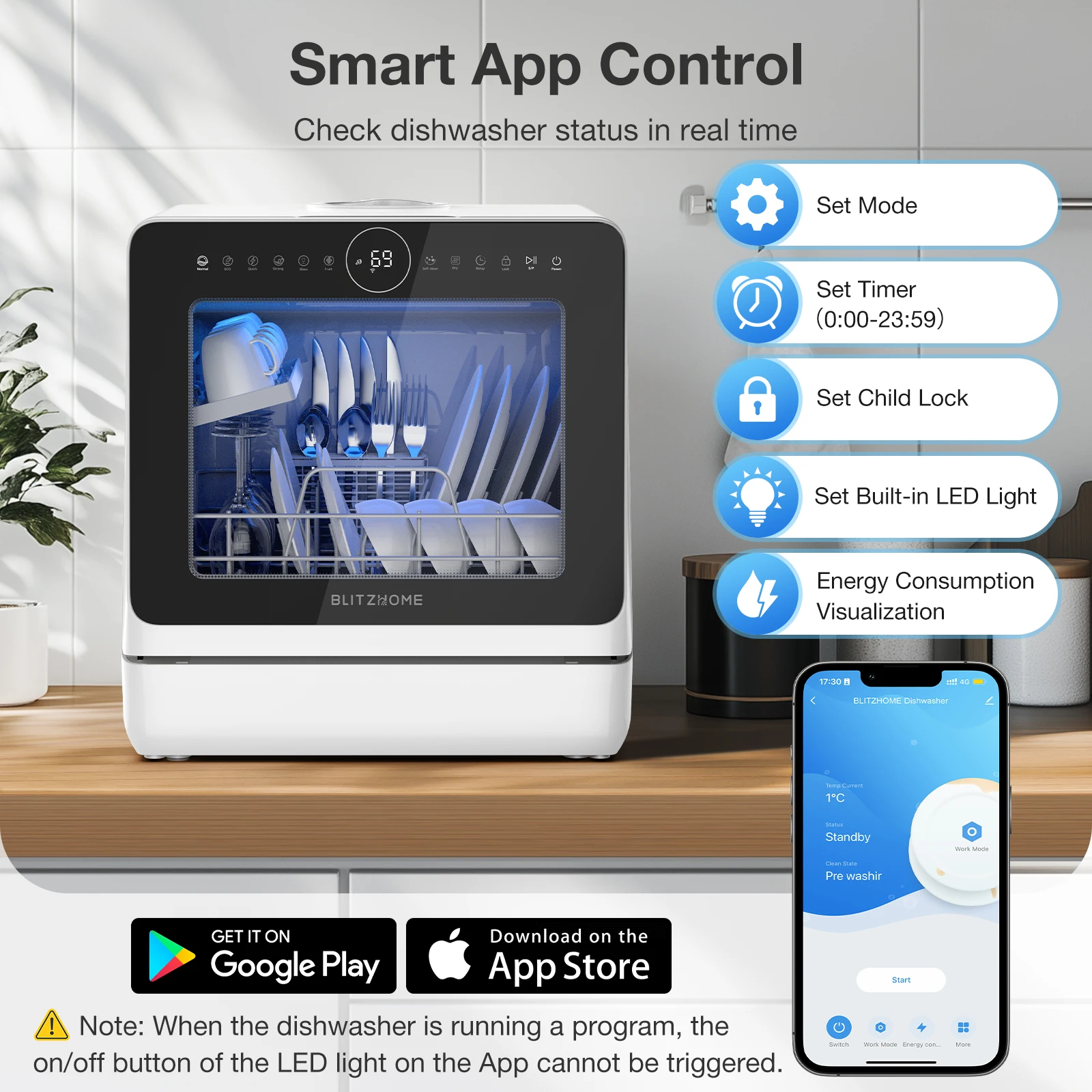 BLITZHOME BH-4-CDW Kompakter intelligenter Arbeitsplatten-Geschirrspüler, APP-Steuerung, 8 Programme, 3D 360 °   Doppelspray mit integriertem 5-Liter-Wassertank