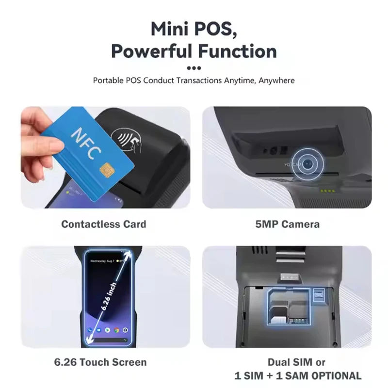 POS-терминал Handhe 6,26 дюйма Android 12 с принтером 58/80 мм, памятью 2G + 16G Loyverse Desktop POS 4G WIFI BT Connection 2D Scanne