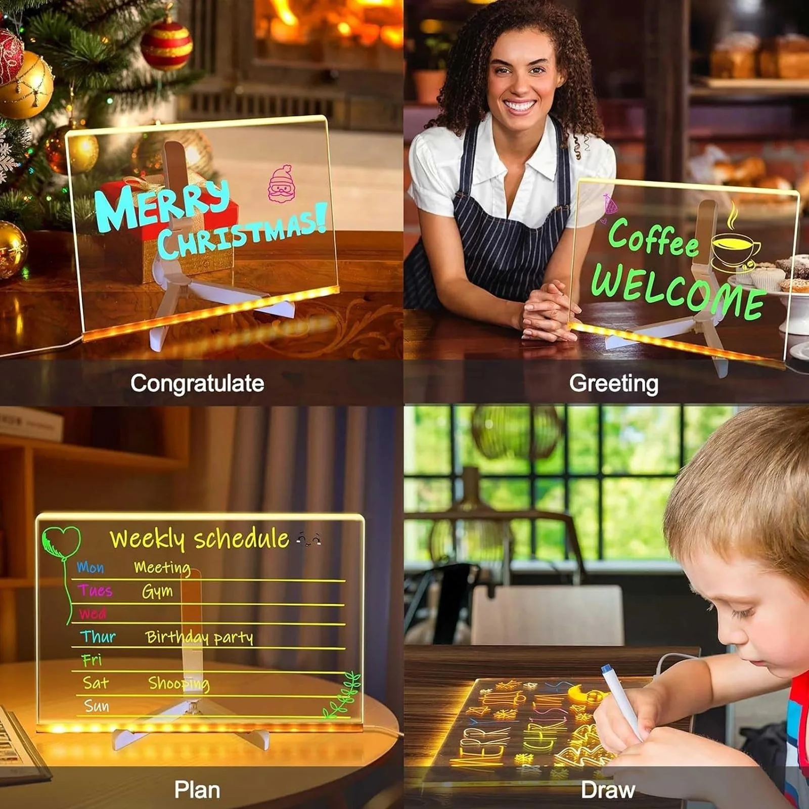 Acrylic Message Board with Light Erasable Writing LED Drawing Board for Advertising Display Bedroom Decoration 7 Pens Included