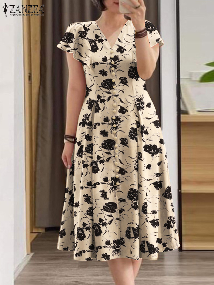 ZANZEA Frau Sommer Midi Kleid Fashion Floral Print Rüschen Kappen-hülsen V-ausschnitt A-line Vestidos Casual Ausgestattet-taille Party Sommerkleid