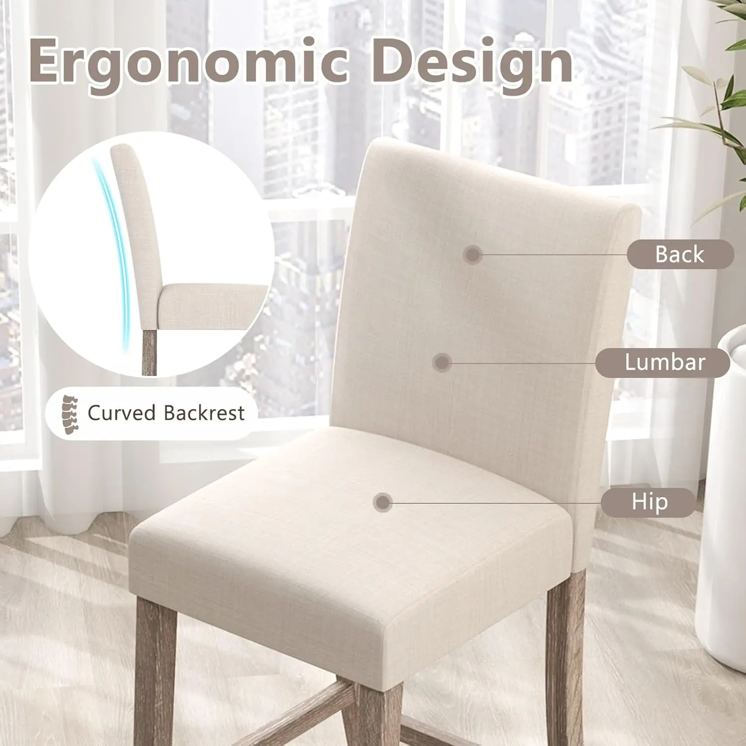 Bar Stools Counter Height Set of 2, 24.5" Modern Fabric Bar Chairs with Back, Footrest & Solid Wood Legs, Upholstered Wo