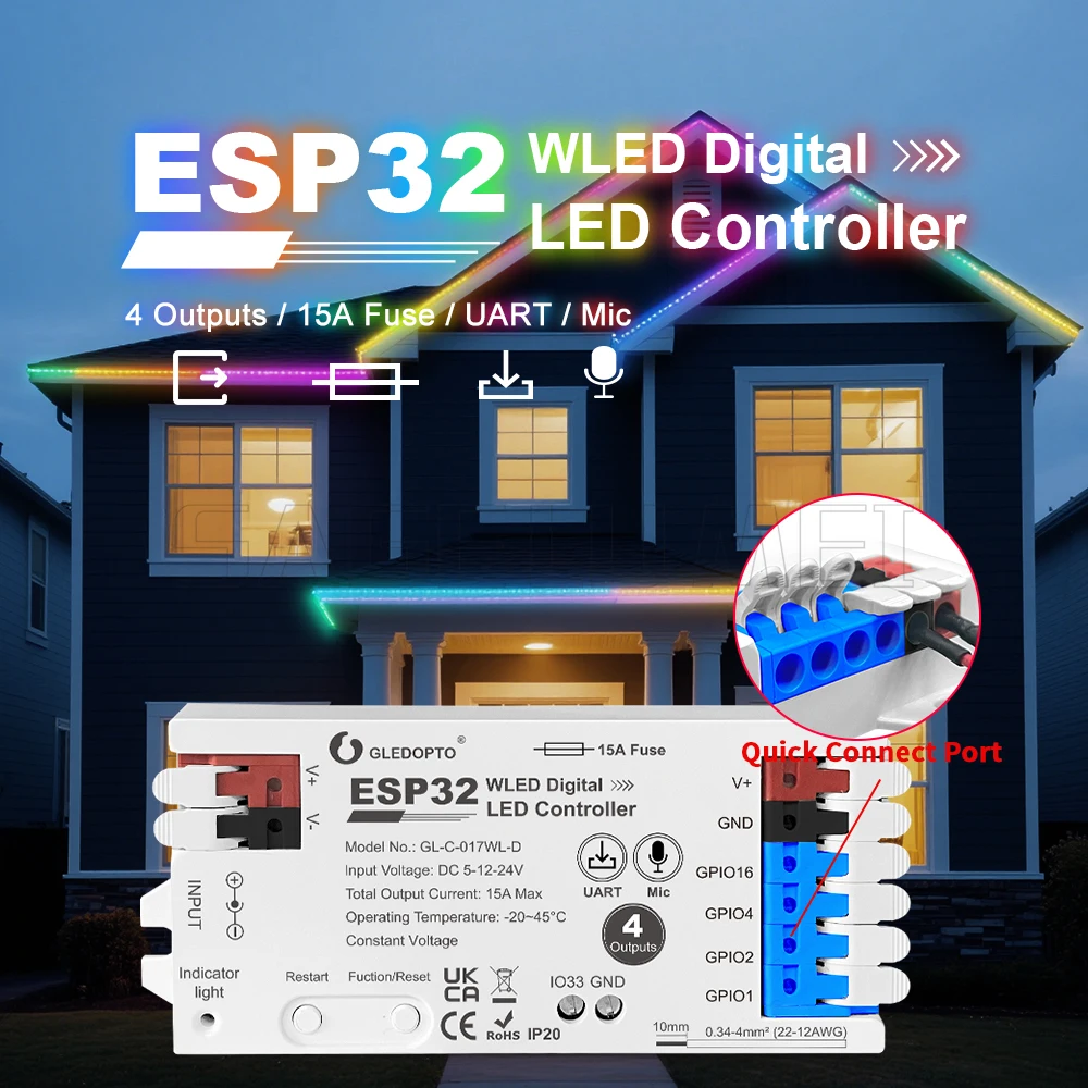 DIY Dynamic Work GL-C-017WL-D GLEDOPTO ESP32 WLED Digital LED Controller Microphone function Type-C TI levelShifter IC LED Strip