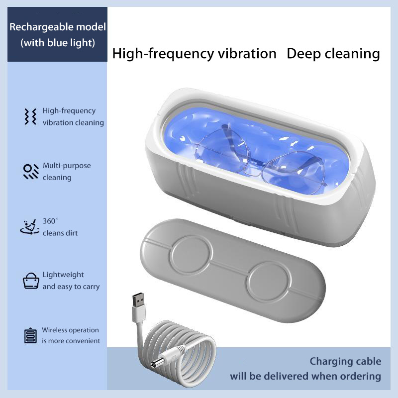 Limpador ultrassônico de 48khz, limpador de óculos de joias usb com luz azul, portátil, automático, anel, brinco, esterilizador