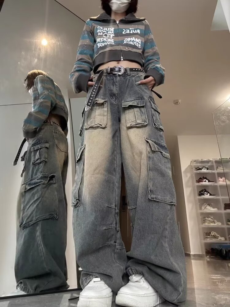Multi-Pocket Design Streetwearกางเกงผู้หญิงฤดูใบไม้ร่วงฤดูหนาวขากว้างอินเทรนด์Nicheล้างทําความสะอาดได้กางเกงยีนส์ขนาดใหญ่ผู้หญิงY2k Baggy