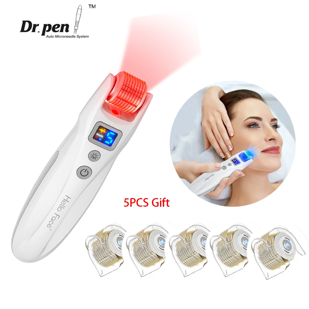 Dr. pen Derma Roller G5 LED Ligth Therapy EMS Bio Roller Microcurrent Microneedling Vibration Beauty Device With 5 Roller Head