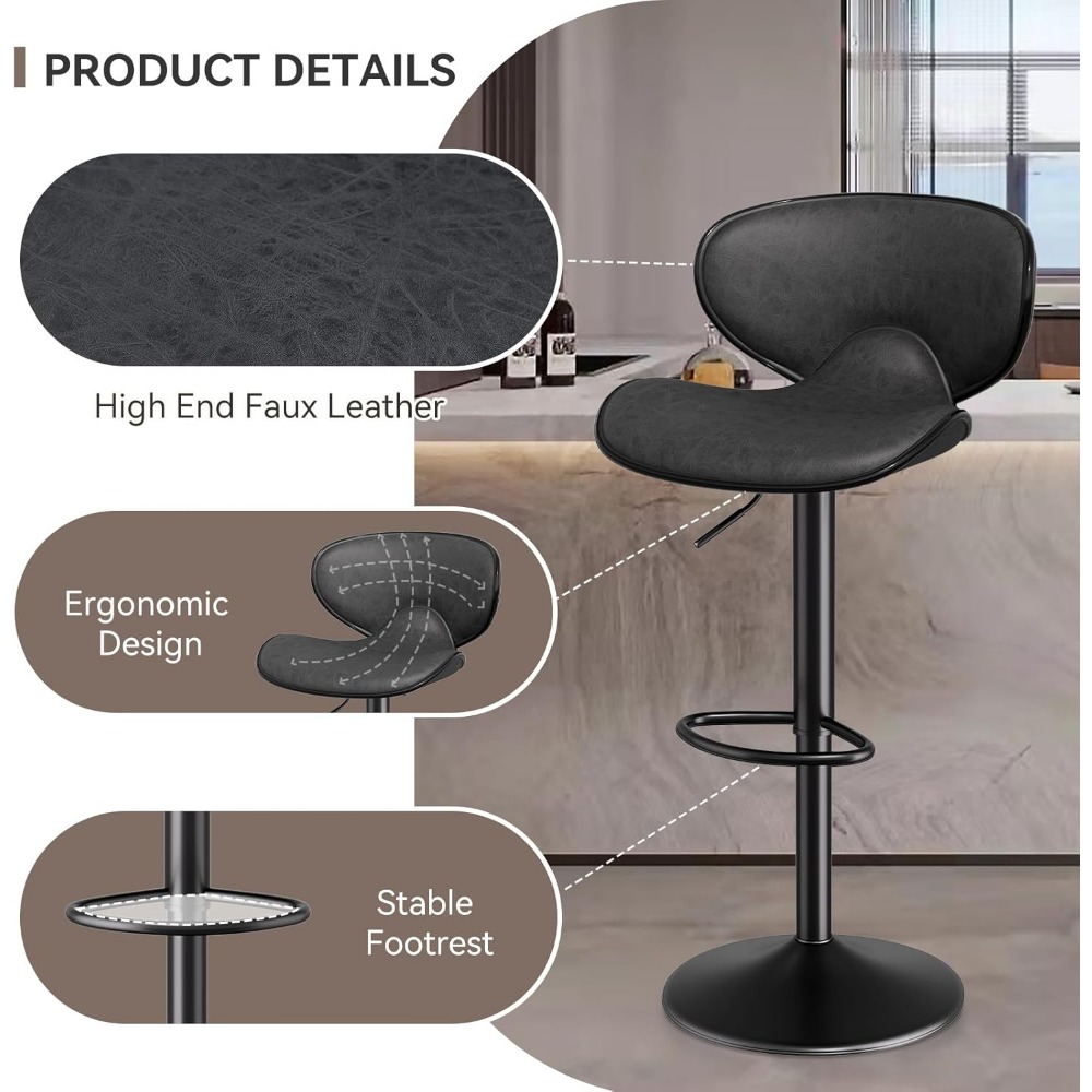 Set of 4 Swivel Faux Leather Bar Stools with Backrest and Footrest, Adjustable Counter Height Kitchen Stools