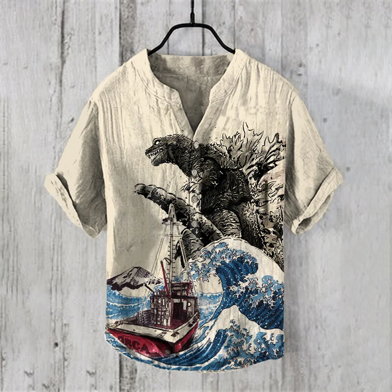 2025 Summer Japanese Style Water Monster Pattern Printed Men's Short Sleeve Linen Shirt Hawaii New Giant Monster Shirt