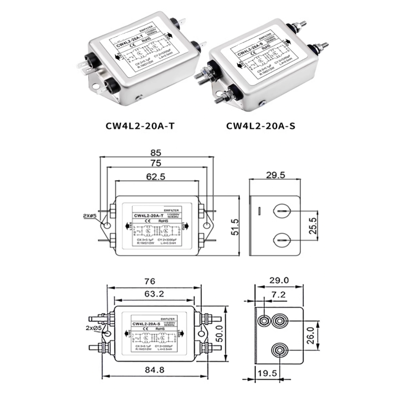 Filtro EMI de alimentación de CA monofásico CW4L2-10A-T/S CW4L2-20A-T/S para máquina de grabado láser CO2 serie T/S 115V/250V 20A 50/60HZ