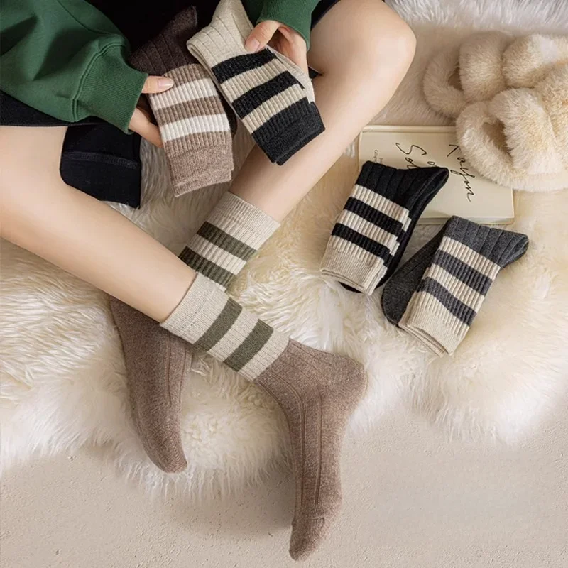 1 3 5 pares de calcetines a media pantorrilla a rayas para mujer, calcetines térmicos de punto para otoño e invierno, calcetines holgados Retro marrones para botas, calcetines informales para uso diario EU 35-42