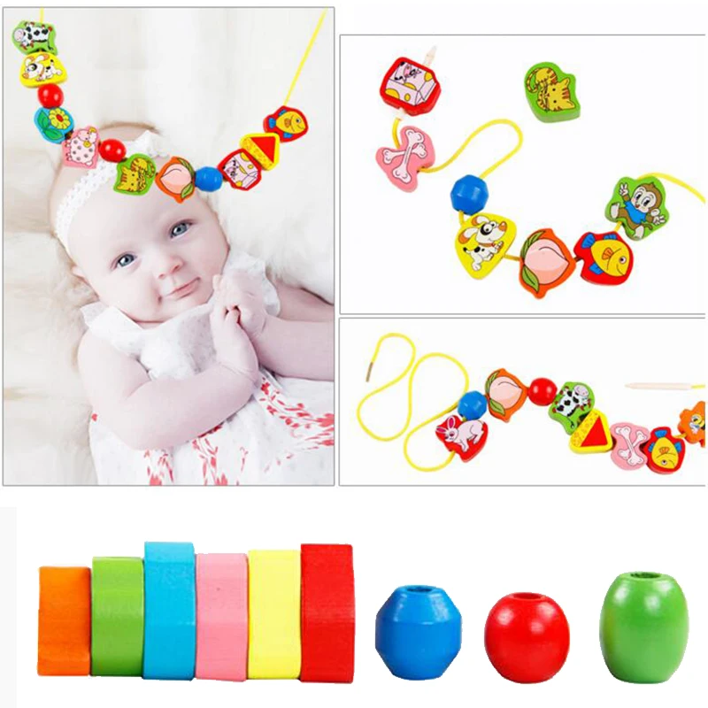 9/36pcs ไม้ของเล่นเด็ก DIY ของเล่นการ์ตูนผลไม้สัตว์ Stringing Threading ลูกปัดไม้ของเล่น Montessori การศึกษาสําหรับเด็ก