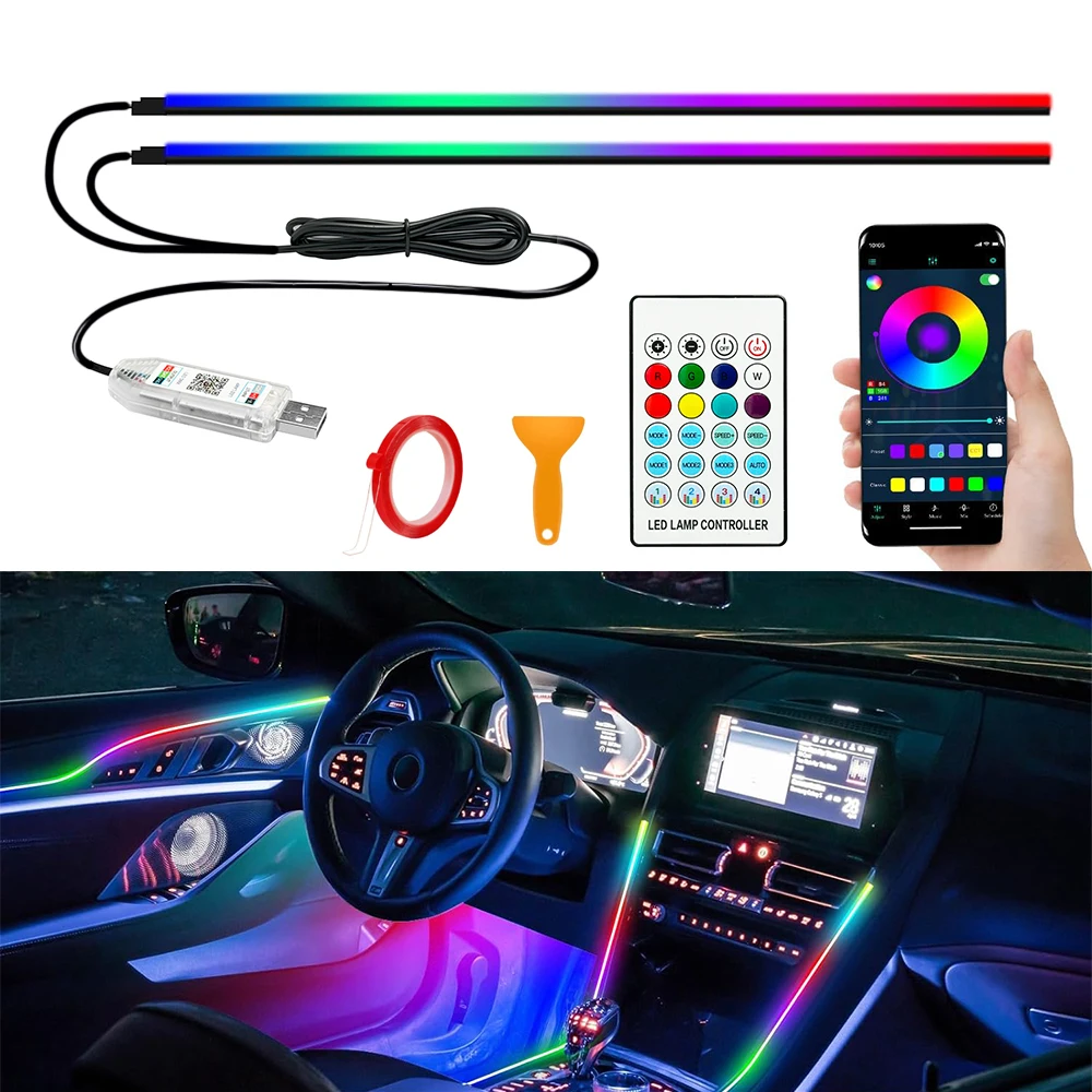 Luces ambientales LED para coche con Control por aplicación de 110cm, luz de ambiente sinfónico RGB Interior, tiras acrílicas, decoración para salpicadero, techo solar