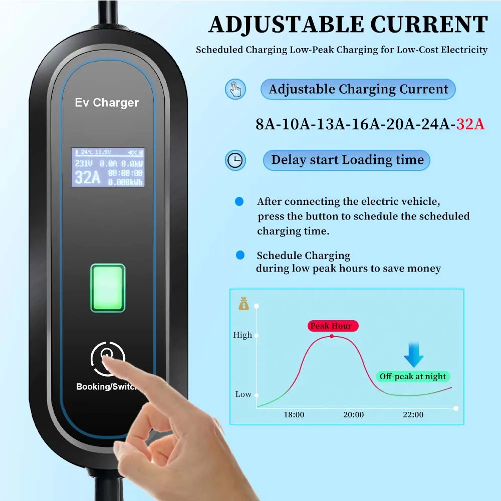 Teschev ポータブル EV 充電器 220V 7KW J1772 Type1 IEC62196 Type2 GBT 充電器 32A 調整可能な電流充電器電気自動車用
