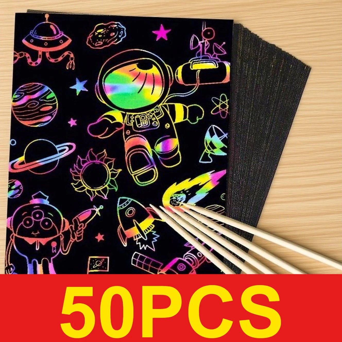 50 pcs Scratch Paper Kids Rainbow Magic Scratch Off Paper Sheets Art Craft Kit Black Note Paper Drawing Pads with Stencils