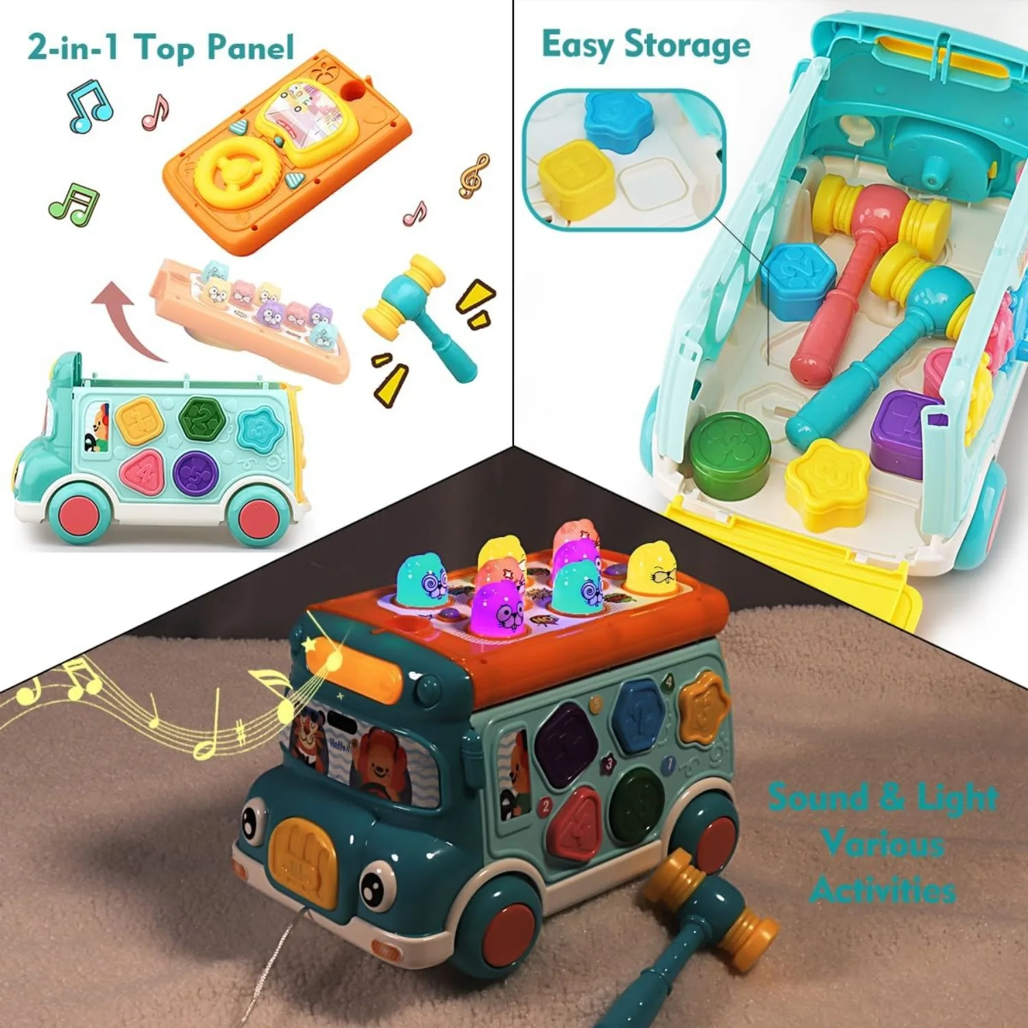 Ônibus para crianças, brinquedo de bebê com som e luz, classificador de formas, brinquedos Whack-a-Mole, jogo interativo, ônibus escolar de desenhos animados para crianças