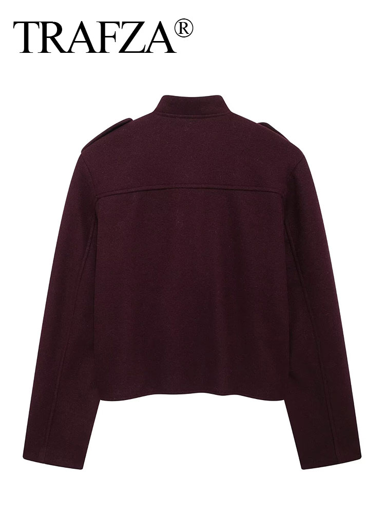 TRAFZA Frauen Vintage Weinrot Mantel O Hals Langarm Einreiher Jacke Mit Taschen Herbst Casual Büro Dame Oberbekleidung