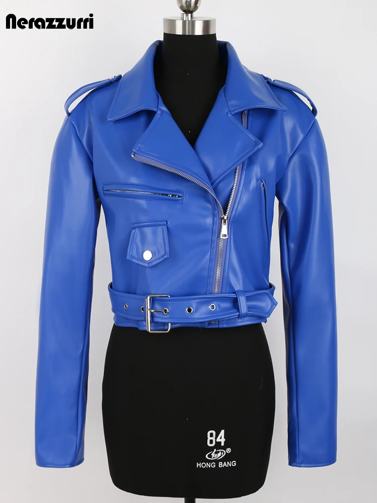 Nerazzurri Frühling Herbst Blau Kühlen Kurze Weiche Faux Leder Biker Jacke Frauen Langarm Gürtel Hohe Qualität Kleidung Mode