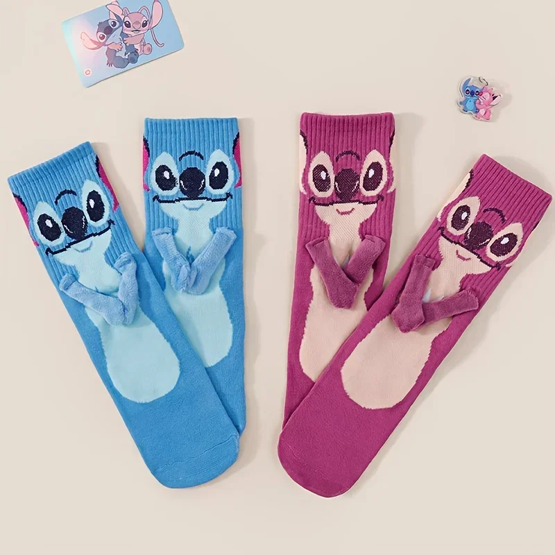 Disney stitch anjo atração magnética mão na mão meias homens e mulheres meados de tubo casal meias chão engraçado casa roupa interior