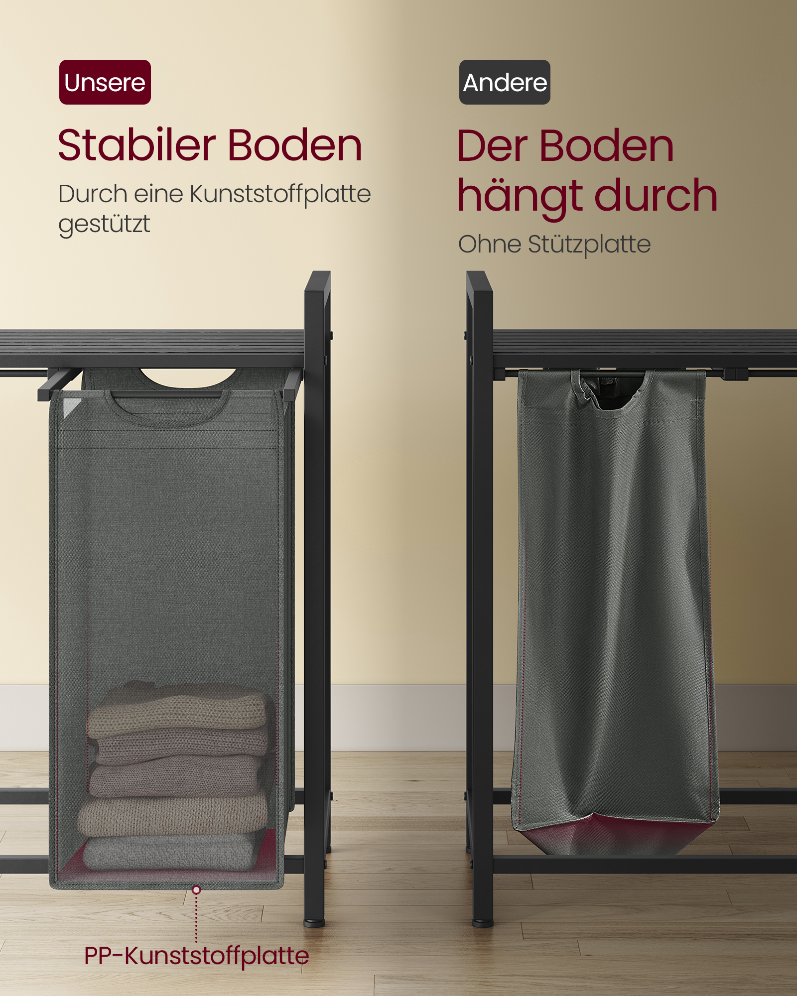 VASAGLE Wäschekorb, 4 Fächer, mit Ablage, ausziehbar abnehmbar, 4 x 40 L