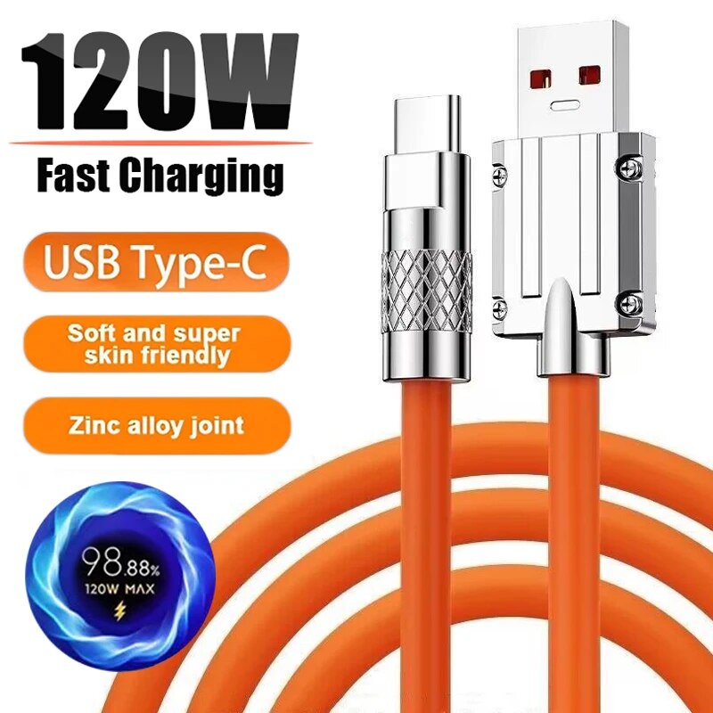 Huawei, Samsung, Xiaomi用の超急速充電シリコンUSBケーブル,Samsung, Xiaomi電話充電器,1m,6a,120W