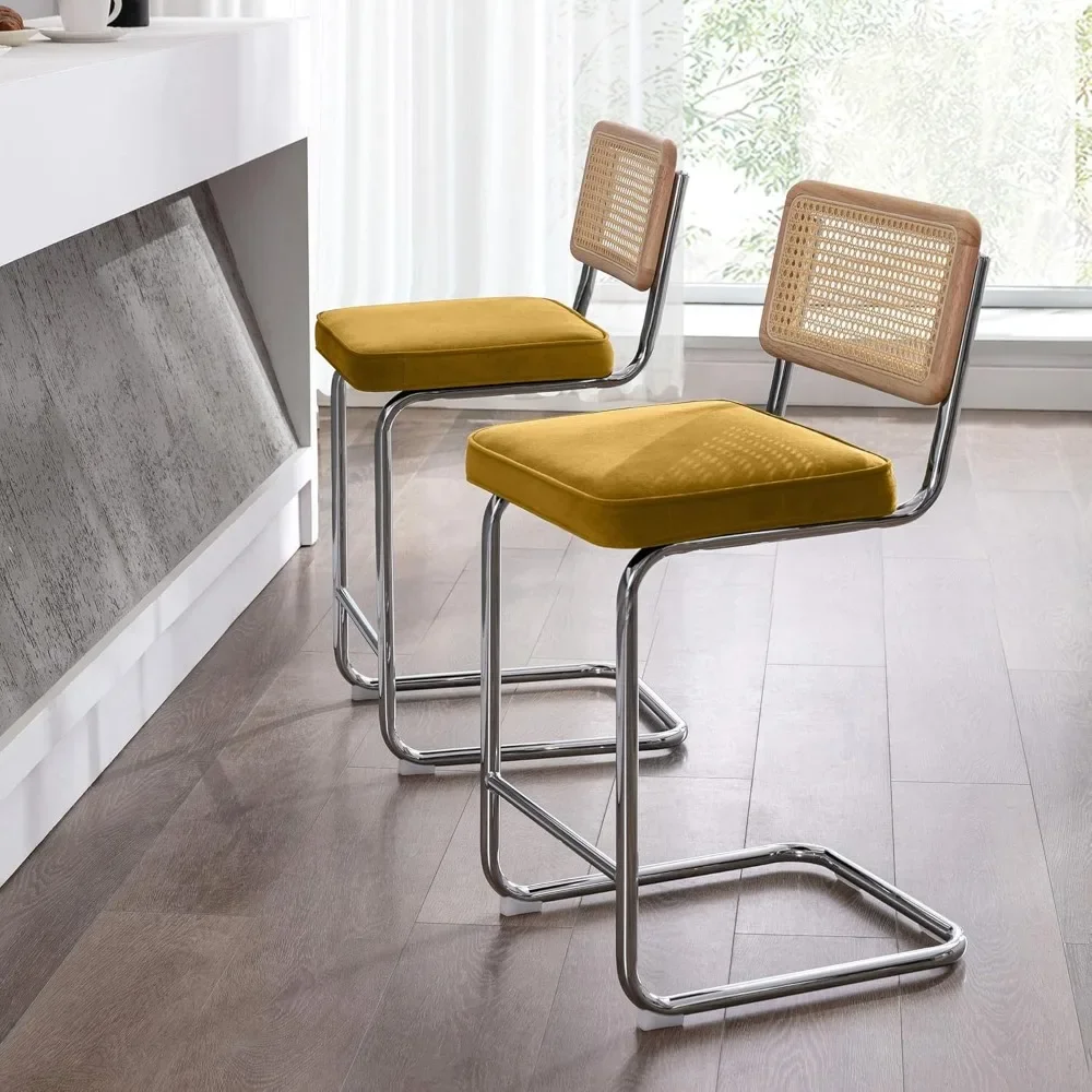 Natural Rattan Bar Stools Set of 2, 26'' Modern Counter Height Stools, Yellow Velvet Counter Height Chairs