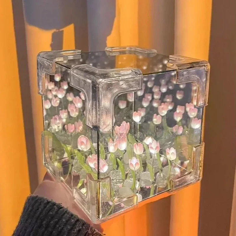 Tulip Nightlight Handmade DIY Material Cube Tulip Mirror Bedroom Decor Atmosphere Lamp Valentine's Day Birthday Gift