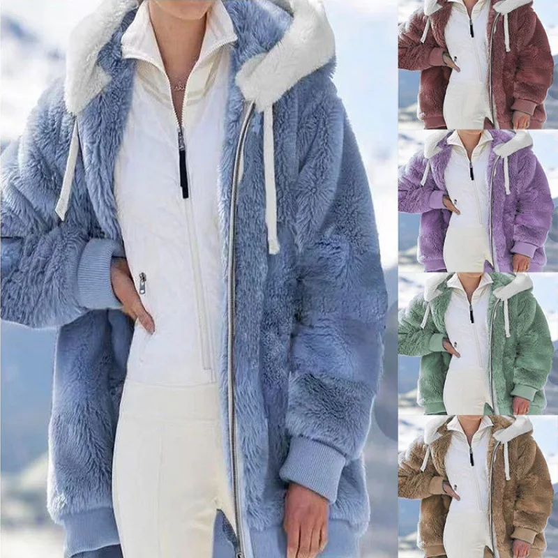Novo estilo de inverno moda feminina casaco casual com capuz zíper senhoras roupas cashmere jaqueta de lã cor sólida senhoras casacos