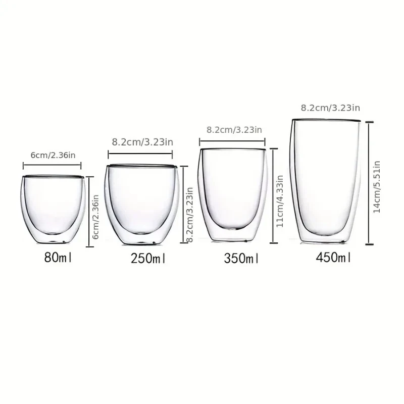 80/250/450ml 二重壁断熱透明ガラスエスプレッソカップ紅茶、コーヒー、ラテ、カフェ、ミルク、レストランでの使用に最適