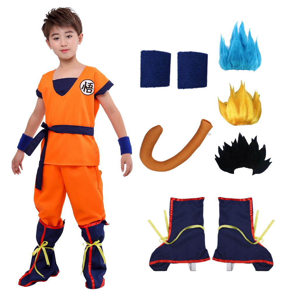 Disfraces de Anime para niños y adultos, Son Goku Gui, Carnaval, Cosplay, fiestas y vacaciones de Halloween, incluida peluca de muñeca con cola, diseño de oro azul
