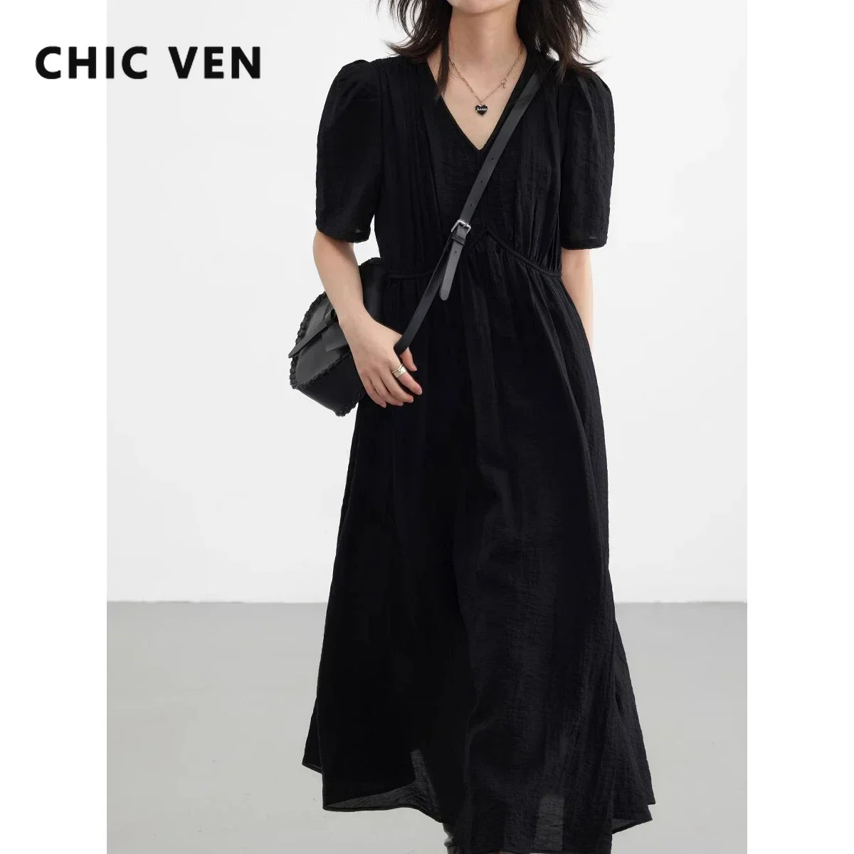 Chic Ven-vestido longo feminino estilo francês Vintage puff com decote em v, preto sólido, roupas femininas soltas, novo, verão, 2023