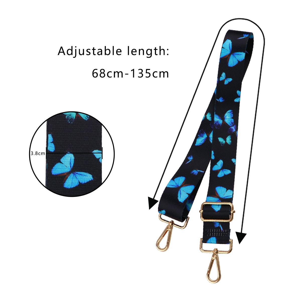 Correa de hombro para mujer, cinturón ancho ajustable, accesorio cruzado de repuesto con hebilla dorada, mariposa azul y luna