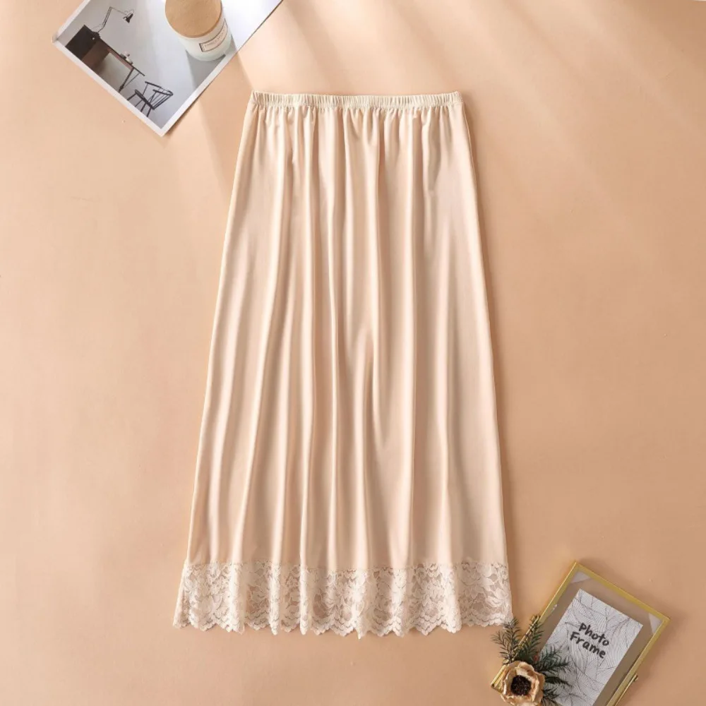 Enagua larga de encaje de flores de malla para mujer, línea A, antideslumbrante, vestido medio deslizante para mujer, Color puro, longitud media