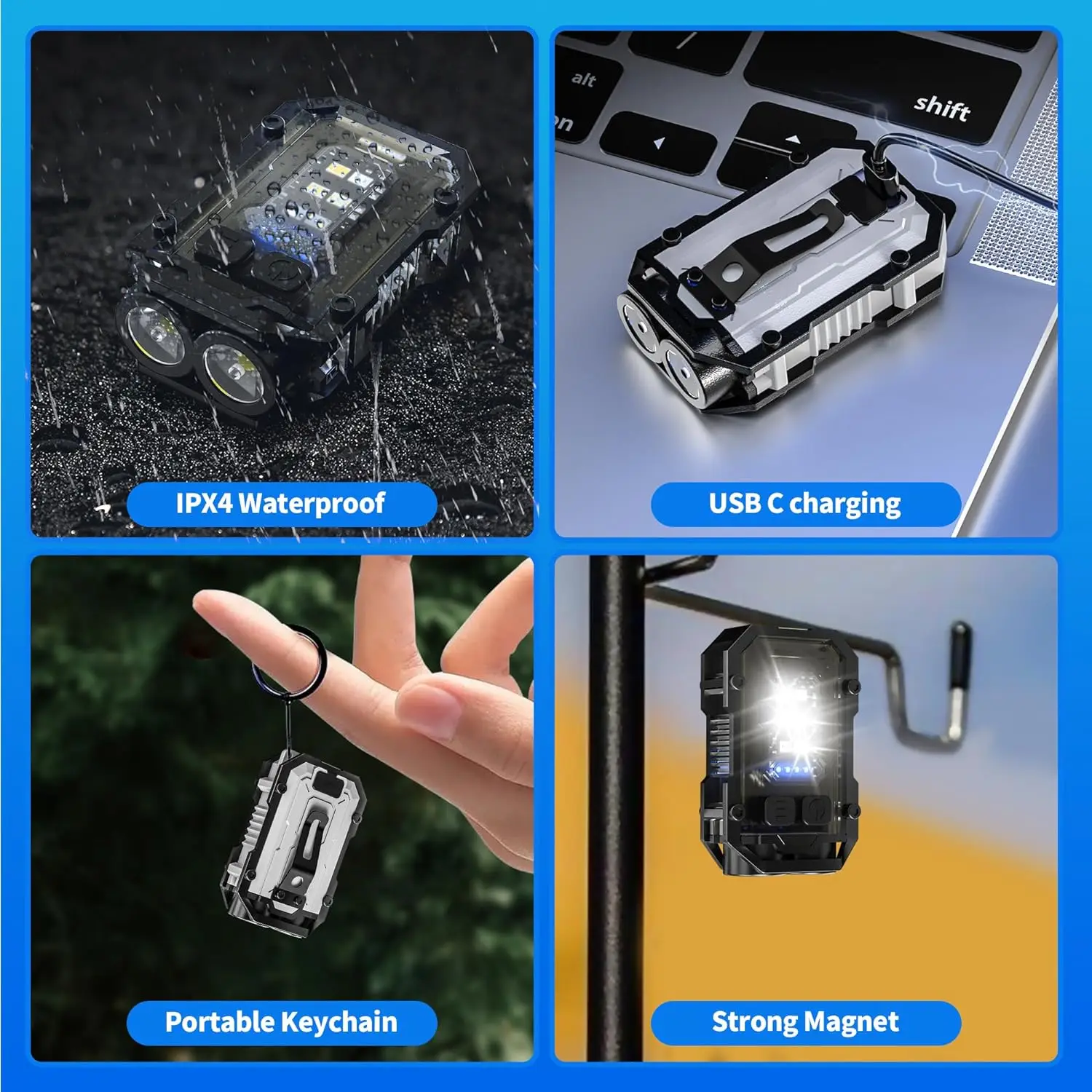 Mini Clip Keychain Flashlight Rechargeable LED Magnetic Keychain Portable Flash Light Small COB Repair Emergency Work Light