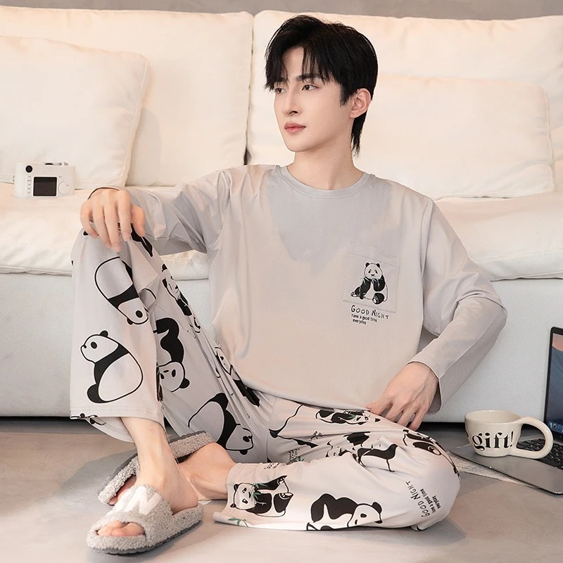 Wiosenne długie rękawy topy do spania spodnie bielizna nocna dla mężczyzn bawełniana piżama garnitur męski Cartoon Casual ubrania domowe Pjs Homme
