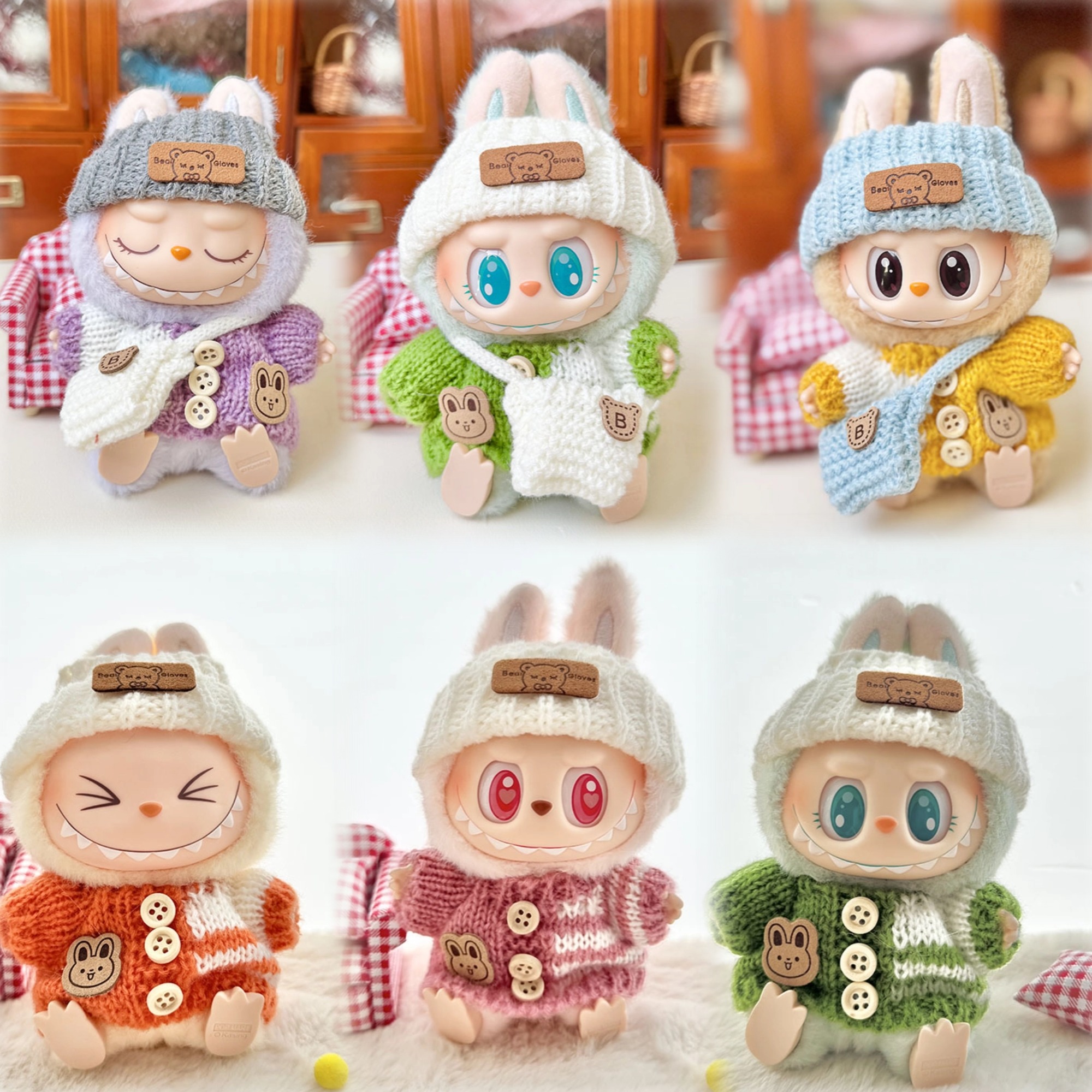 Cute Labubu Bunny Doll Accessories with Knitted Clothes Rabbit Ears Hat Heart Sweater for Toy Collectors Labubu Clothes