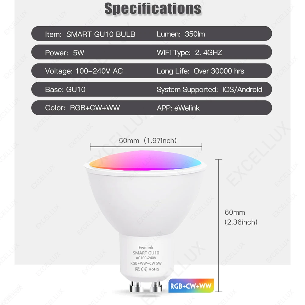 Żarówki LED ZigBee GU10 WiFi Smart RGB W+C 5W Ściemnialne Sterowanie Aplikacją Reflektor Współpracuje z Alexa Google Alice Hub
