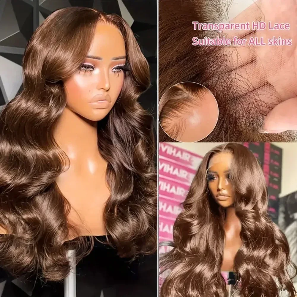 Peluca de encaje marrón Chocolate con pelo de bebé color marrón rojizo 13x4 HD pelucas delanteras de encaje ondulado para mujeres peluca sintética sin pegamento