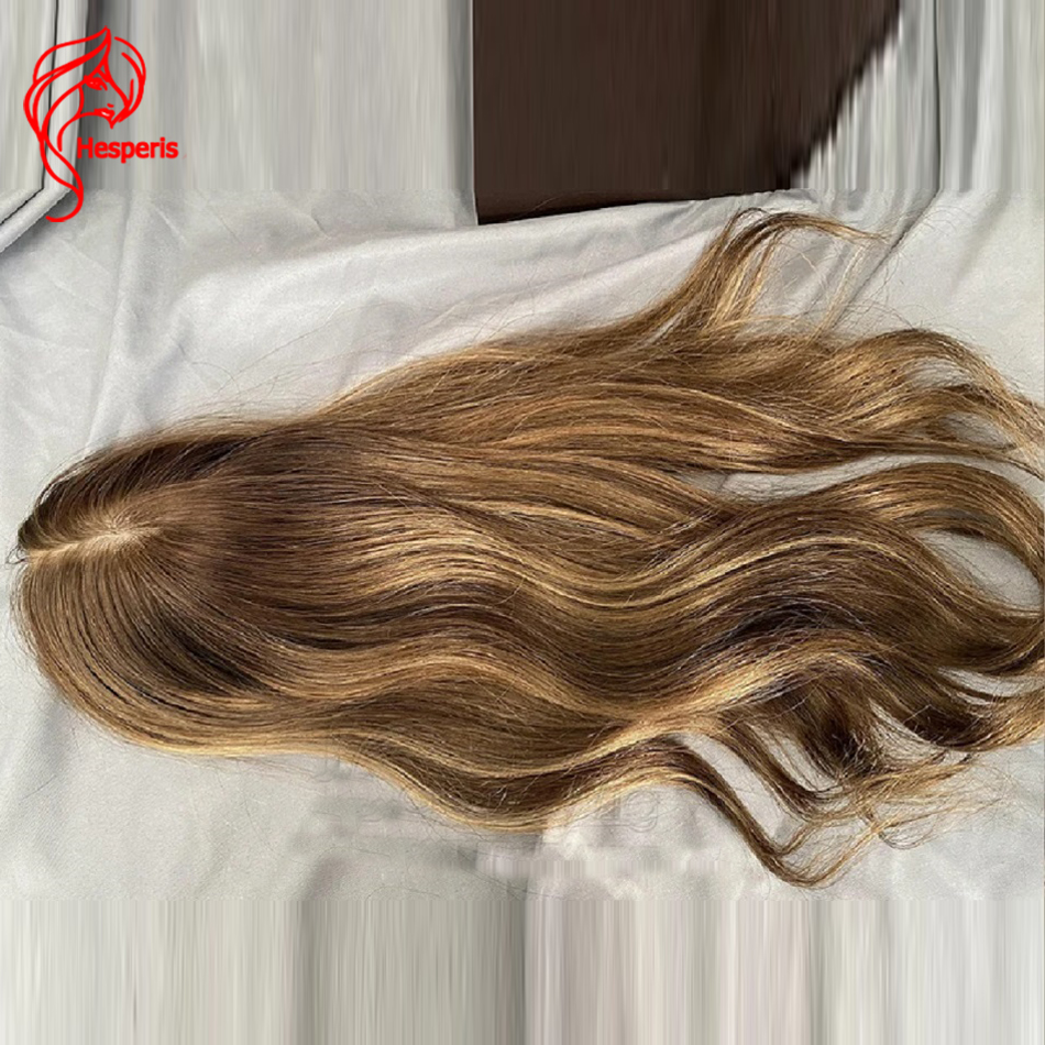Hesperis Cabelo Humano Topper para Mulheres, Base De Seda, Balayage, Toupee Hairpiece, Desbaste Coroa