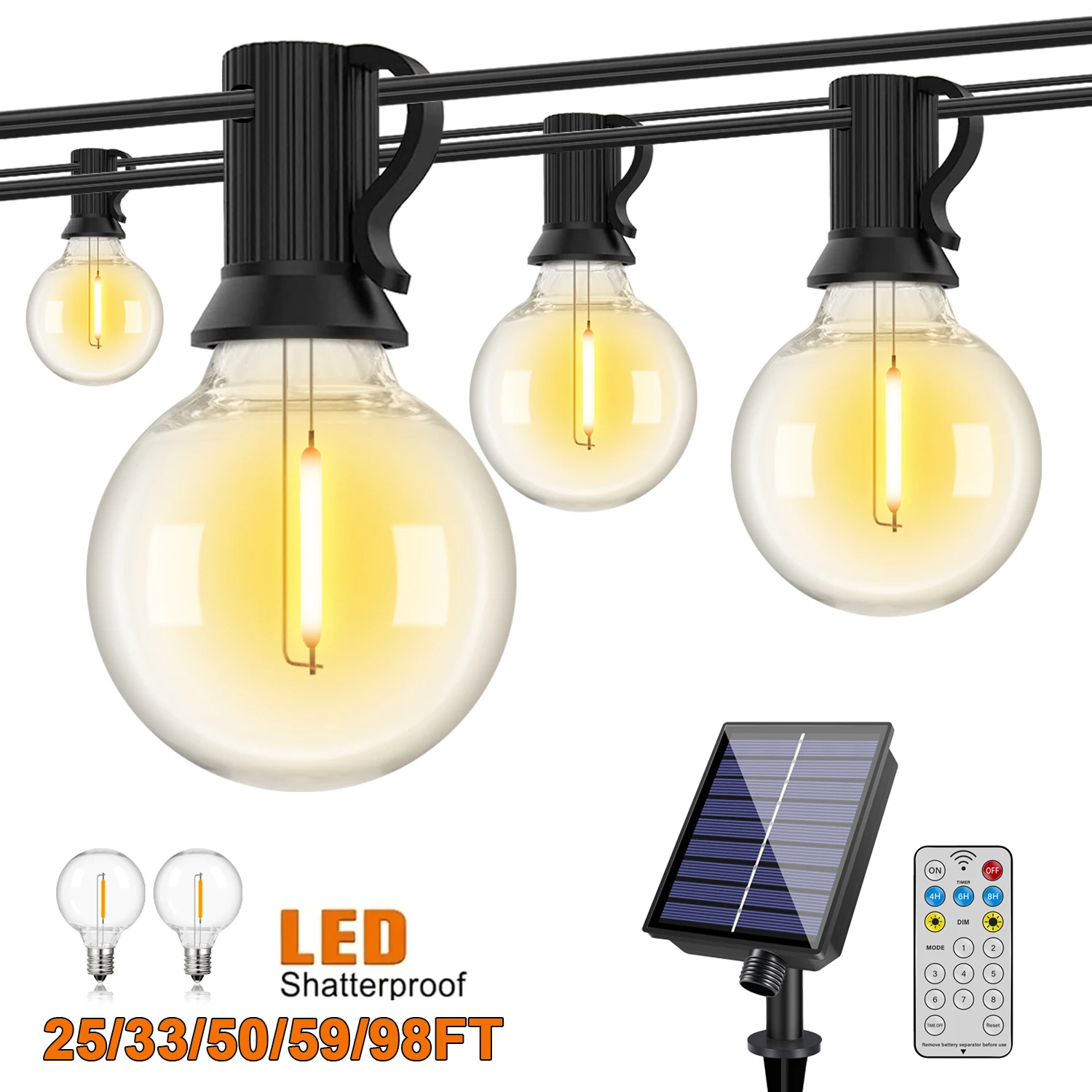 Guirnaldas de luces alimentadas por energía Solar, 50 pies, 100 pies, 24V, G40, LED para exteriores, luz colgante recargable con energía Solar inastillable para decoración de Patio y pérgola