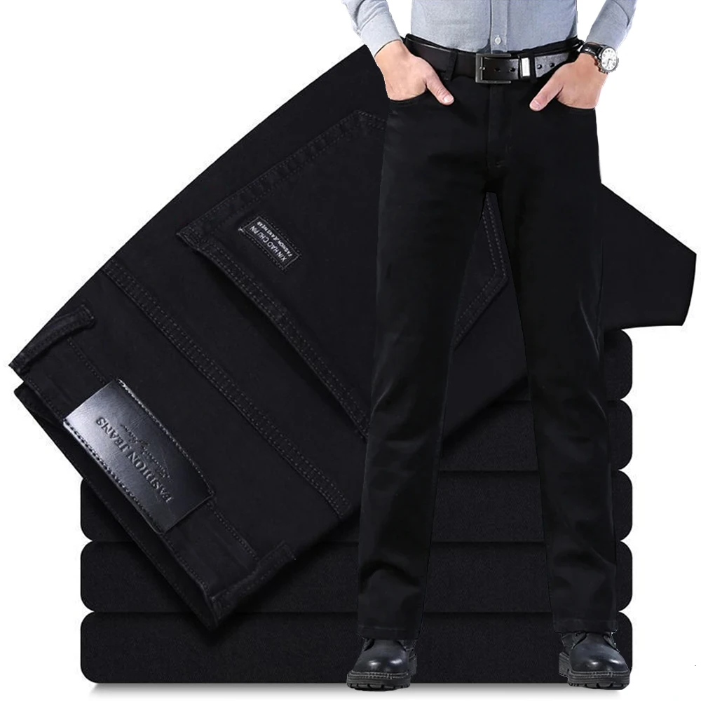 Primavera otoño Vintage negro negocios Jeans hombres Casual recto elástico clásico trabajo Denim pantalones coreano cómodo marca pantalón