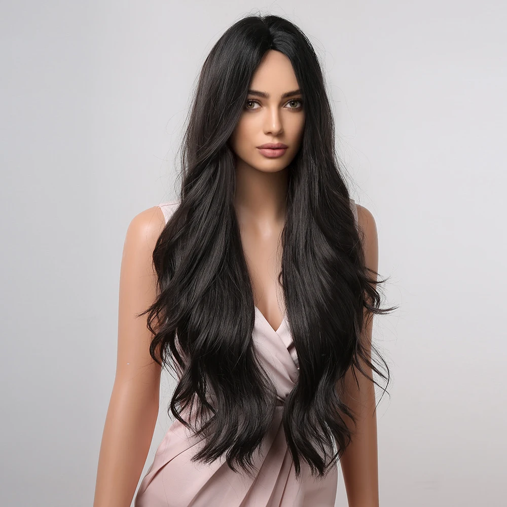 Lange gewellte synthetische Perücken für schwarze Frauen, dunkelbraune Perücke, natürlicher Mittelscheitel, gewellt, tägliches Cosplay-Haar, hitzebeständig