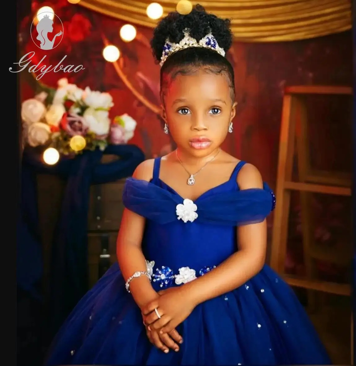 Königsblau Blumen mädchen Kleider für Hochzeit Perlen Tüll Kleinkind Mädchen Festzug Kleid Kinder Abend garderobe