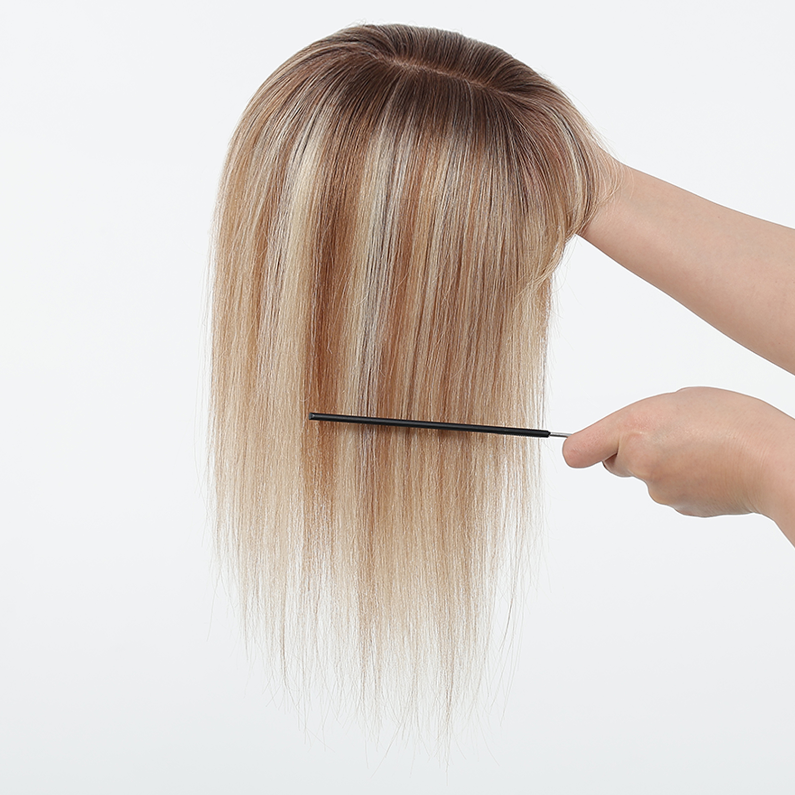 Cheveux humains à reflets bruns et blonds, 5x5.5 pouces, Base en soie, 14 pouces, Toppers réels avec 3 Clips pour femmes, perte de cheveux