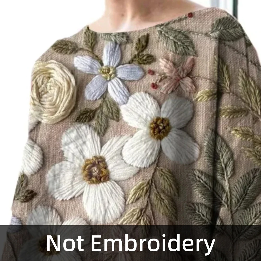 Plus Size Floral Bedrucktes Imitation Leinen Damen Vintage T-Shirt Rundhals 3/4 Ärmel Lose Sommer Weiblich Casual Täglich Top T-Shirts